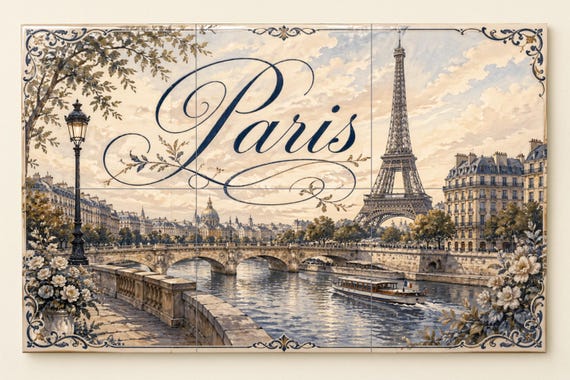 Mural de azulejos de cerámica de la Torre Eiffel de París, decoración románti…