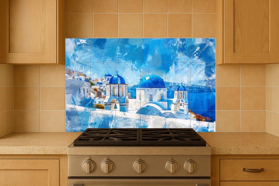 Mural de azulejos con cúpulas azules de Santorini — vista 4