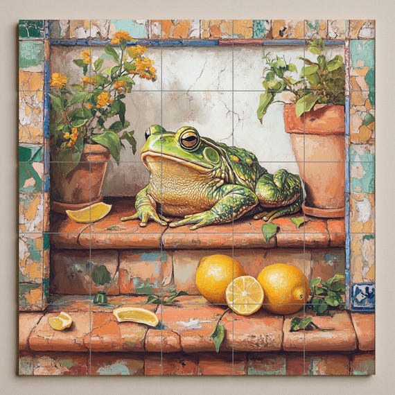 Mural de azulejos de cerámica con diseño de rana rústica — vista 3