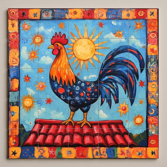 Mural de azulejos cerámicos de gallo portugués con sol radiante, borde celest… — vista 3