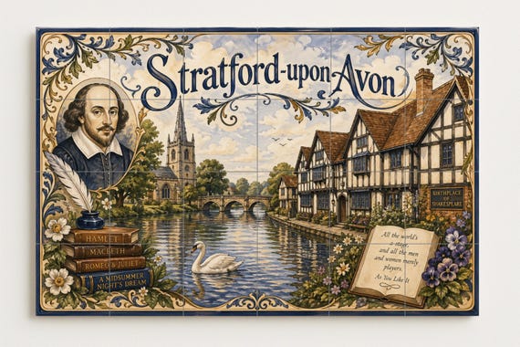 Mural de azulejos de cerámica de Stratford-upon-Avon, arte mural de Shakespea…