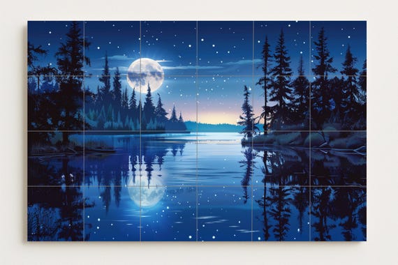 Mural de azulejos con lago y bosque iluminado por la luna — vista 2