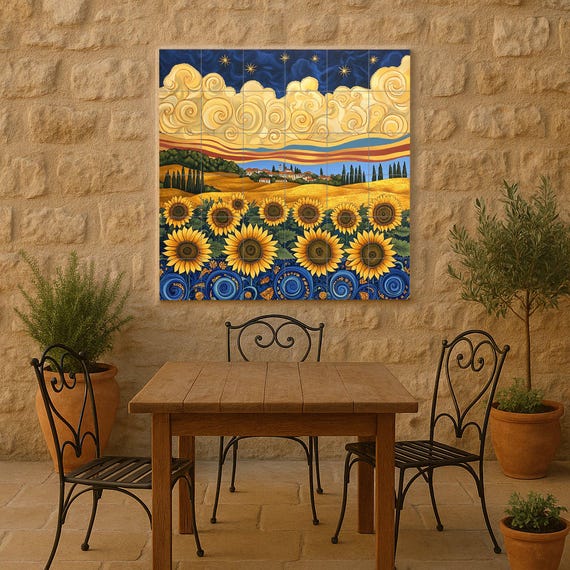 Mural de azulejos de cerámica en estilo Van Gogh con girasoles, cielo nocturn… — Mural cerámico de Cerámicas La Noria