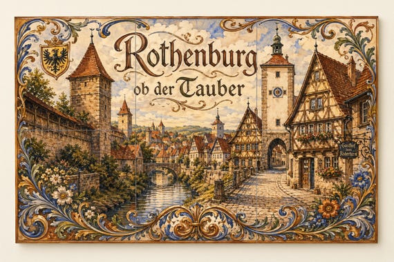 Mural de azulejos de cerámica de Rothenburg ob der Tauber, arte mural de un p…
