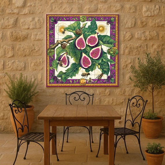 Mural de azulejos de cerámica con higos, hojas, abejas y caracoles, diseño de…