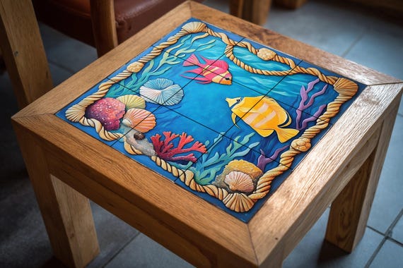 Mural de azulejos submarinos con peces de colores, conchas y marco de coral. … — vista 4