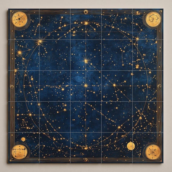 Mural de azulejos cerámicos con mapa estelar celestial antiguo con constelaci… — vista 3