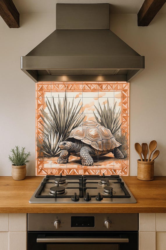 Mural de azulejos cerámicos de tortuga del desierto con plantas de agave, bor… — vista 4