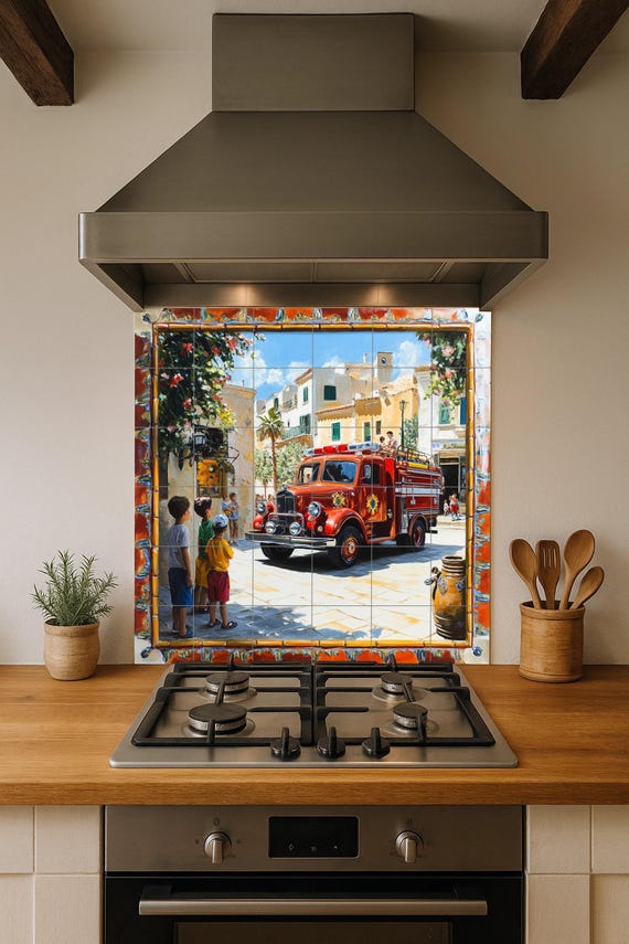 Mural cerámico con un camión de bomberos antiguo en un pueblo mediterráneo