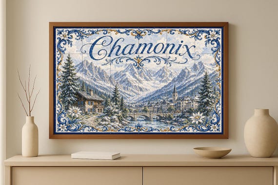 Mural de azulejos de cerámica Chamonix Mont Blanc, decoración de pared alpina… — Mural cerámico de Cerámicas La Noria