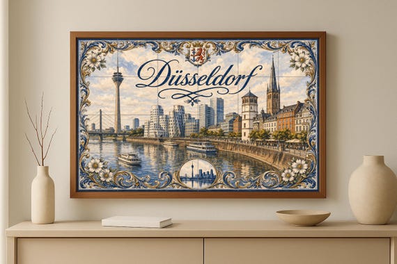 Mural de azulejos de cerámica de Düsseldorf, Alemania, paisaje urbano del río… — vista 4