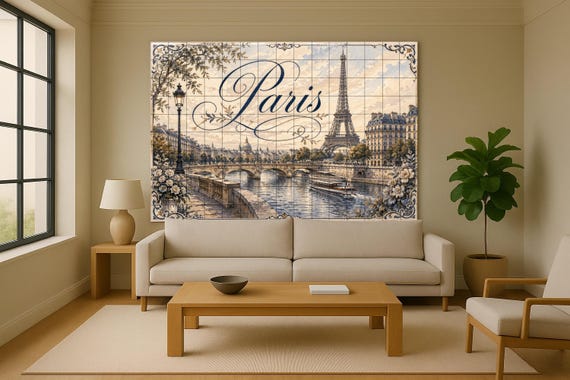Mural de azulejos de cerámica de la Torre Eiffel de París, decoración románti… — vista 2