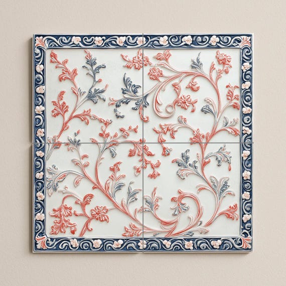 Elegante mural de cerámica con volutas botánicas, arte floral artístico para … — vista 3