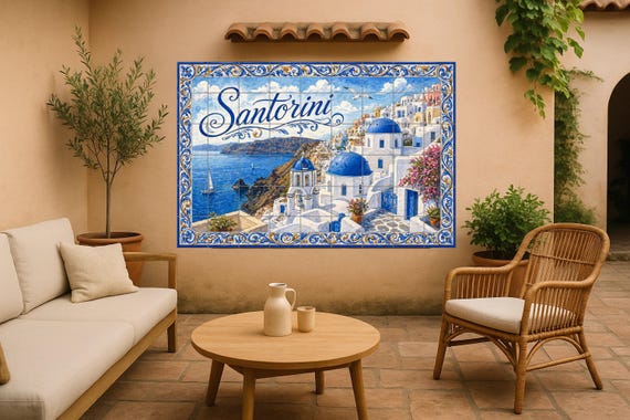 Mural de azulejos de cerámica de Santorini, Grecia, arte mural costero medite…