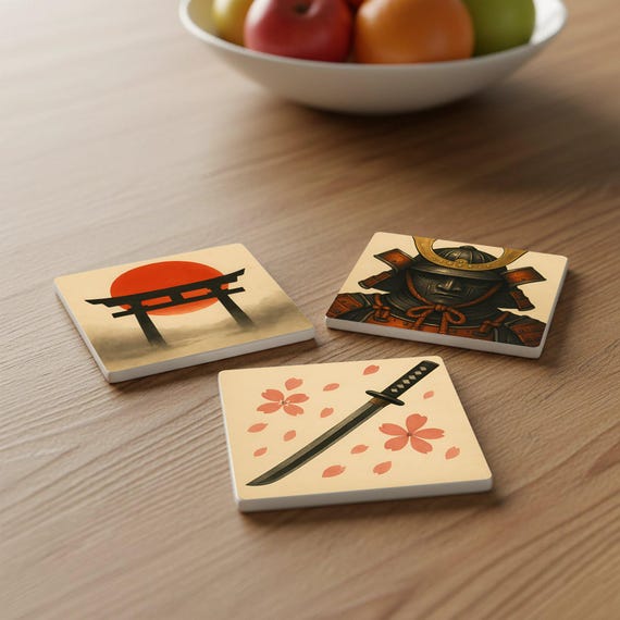Inspiración japonesa / Posavasos de azulejos con símbolos tradicionale