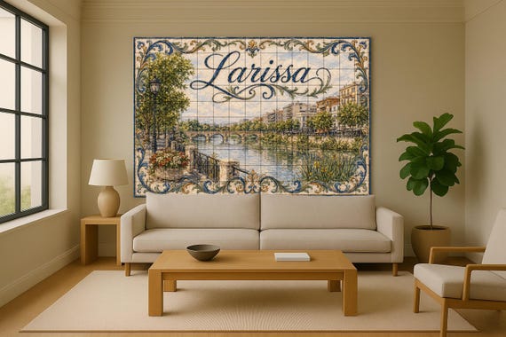 Mural de azulejos de cerámica de Larissa, Grecia, Arte mural del río Tesalia,… — vista 2