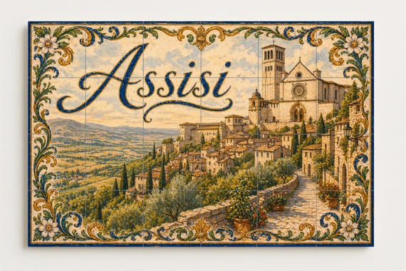 Mural de azulejos de cerámica de Asís, Italia, arte mural campestre italiano,… — vista 4
