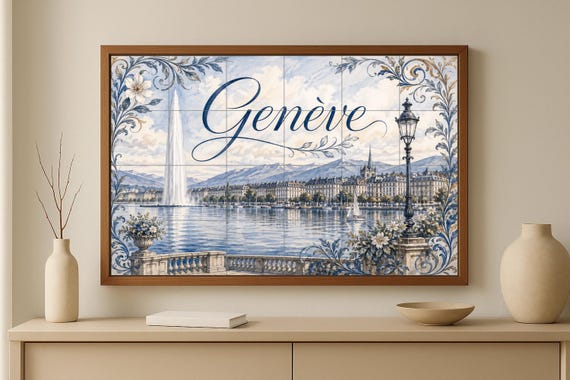 Mural de azulejos de cerámica de Ginebra, Suiza, arte mural del lago Lemán, d… — vista 3