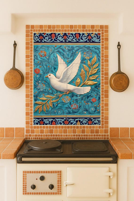 Paloma Blanca de la Paz con Rama de Olivo Dorada — Mural cerámico de Cerámicas La Noria