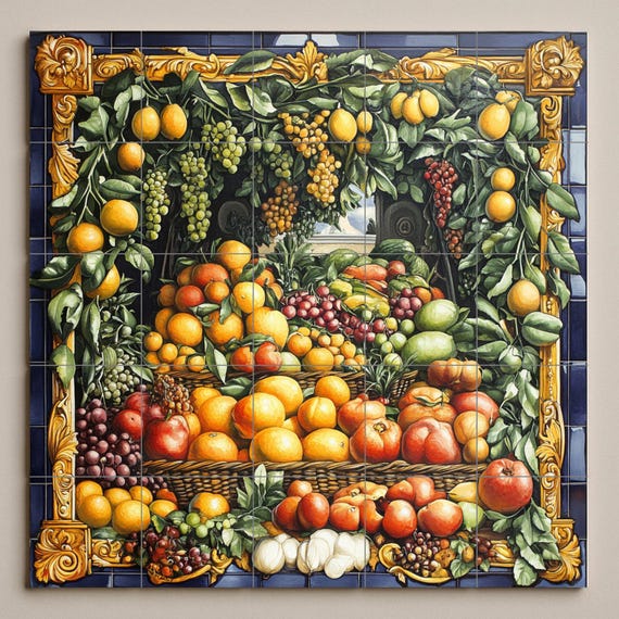 Mural de azulejos cerámicos con guirnalda de frutas barrocas napolitanas con … — vista 3