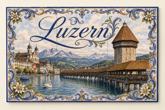 Mural de azulejos de cerámica de Lucerna, Suiza, arte ribereño de lago suizo,… — Mural cerámico de Cerámicas La Noria