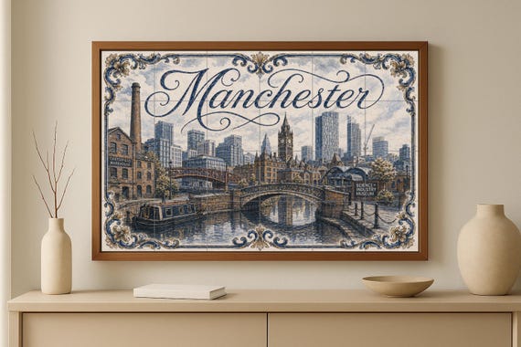 Mural de azulejos de cerámica de Manchester, Inglaterra, arte mural de patrim…