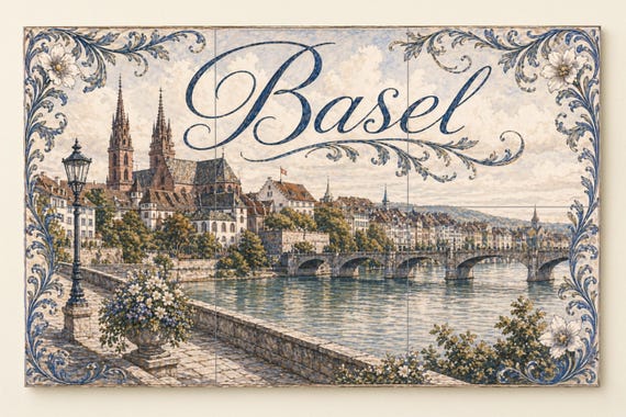 Mural de azulejos de cerámica de Basilea, panel de arte mural con paisaje urb… — Mural cerámico de Cerámicas La Noria