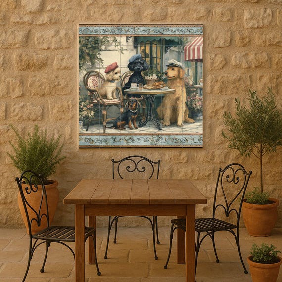 Mural de perros en un café parisino