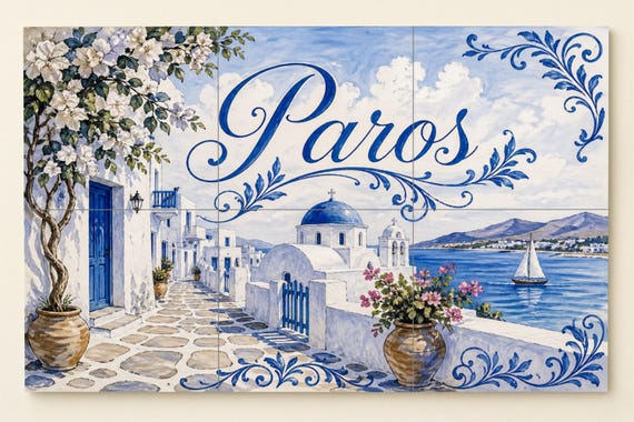 Mural de azulejos de cerámica de Paros, arte mural junto al mar en una isla g… — vista 4