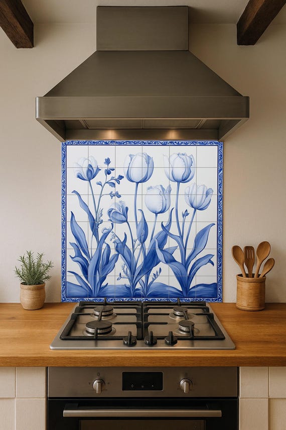 Mural de azulejos de cerámica con tulipanes azules de Delft — vista 2