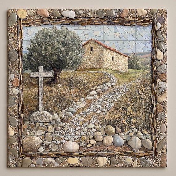 Mural de azulejos de cerámica de capilla rústica, camino de piedra con cruz y… — vista 3
