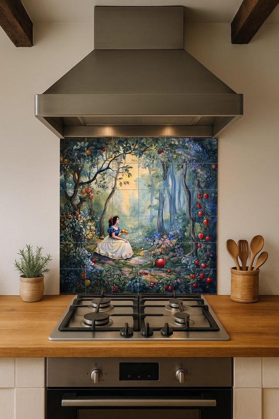 Mural de pared de cerámica de Blancanieves con bosque encantado y manzanas, a… — vista 3