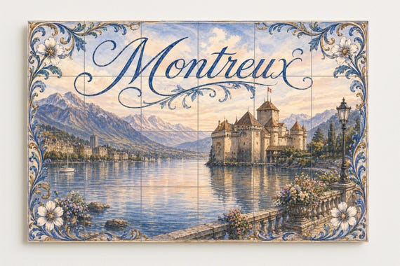 Mural de azulejos de cerámica de Montreux, Suiza; Arte mural del Castillo de … — vista 4