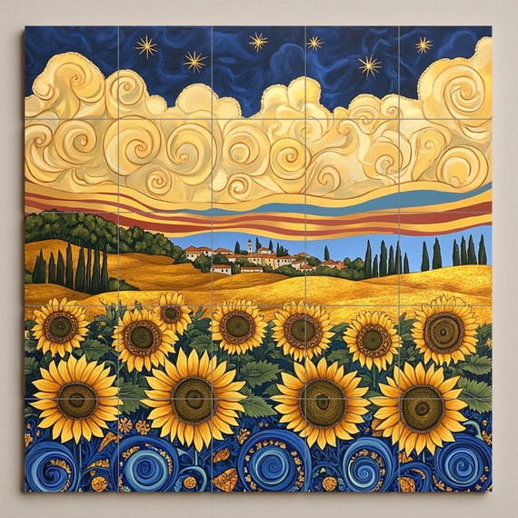 Mural de azulejos de cerámica en estilo Van Gogh con girasoles, cielo nocturn… — vista 3