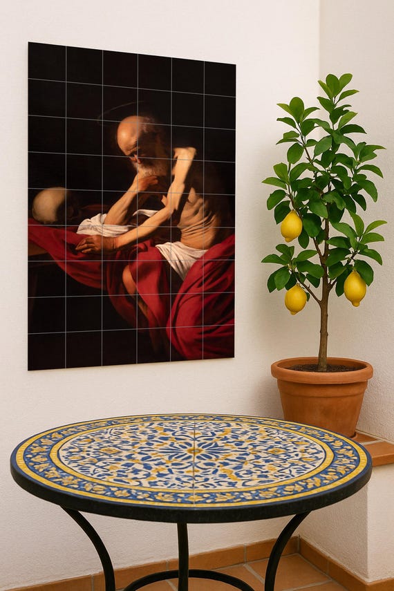 Mural de azulejos de cerámica de San Jerónimo en meditación — Mural cerámico de Cerámicas La Noria