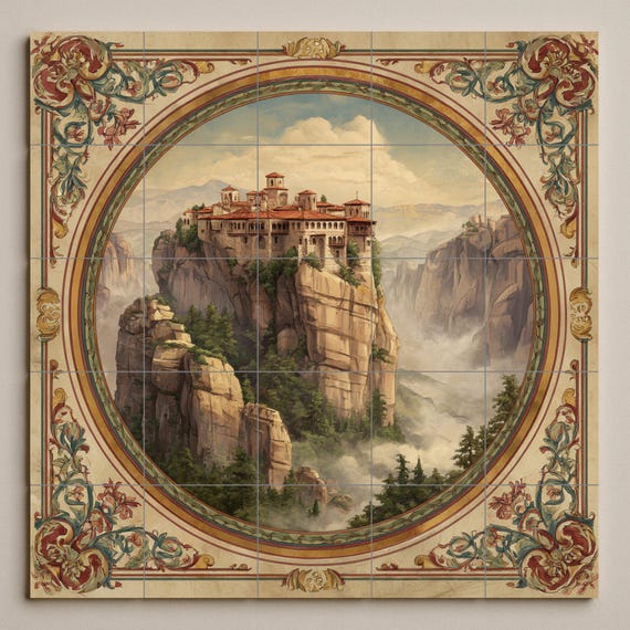 Mural de azulejos de Meteora, Grecia. Panel cerámico de un monasterio en los … — vista 3
