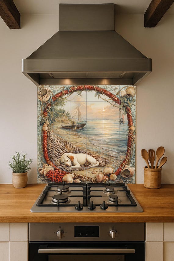 Mural de azulejos de cerámica con un cachorro junto al mar — vista 4