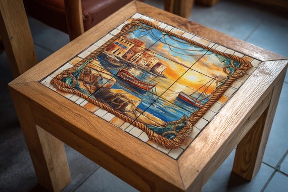 Mural de azulejos de cerámica con puesta de sol en el puerto, barcos de pesca… — vista 4