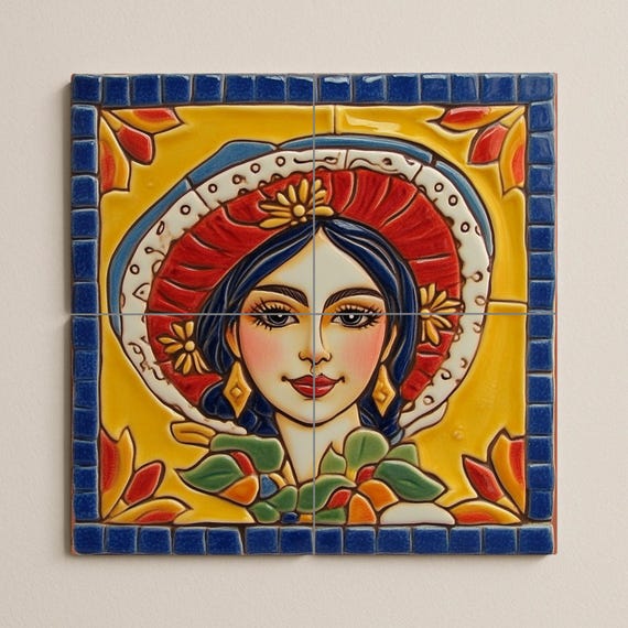 Mural de azulejos de mujer mexicana tradicional