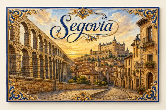 Mural de azulejos cerámicos del acueducto romano de Segovia, decoración de pa… — vista 3