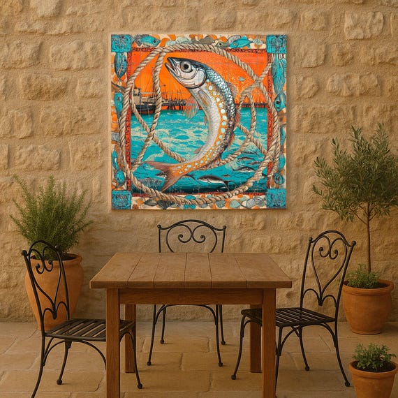 Mural de azulejos de cerámica con diseño de peces náuticos, escena portuaria …