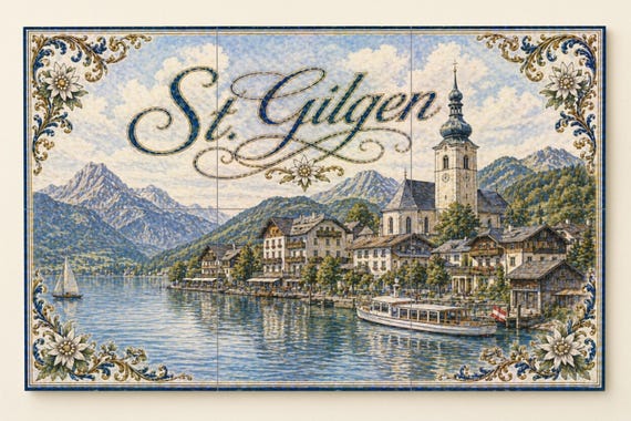 Mural de azulejos de cerámica de St. Gilgen, Austria, decoración de pared con… — vista 3