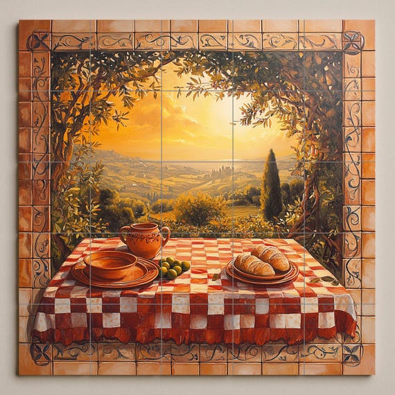 Mural de azulejos de cerámica de viñedos de Chianti con ondulantes colinas to… — vista 3