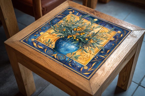 Mural de azulejos de cerámica con jarrón de aceitunas mediterráneo