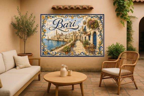 Mural de azulejos de cerámica de Bari, arte mural costero italiano con arquit…