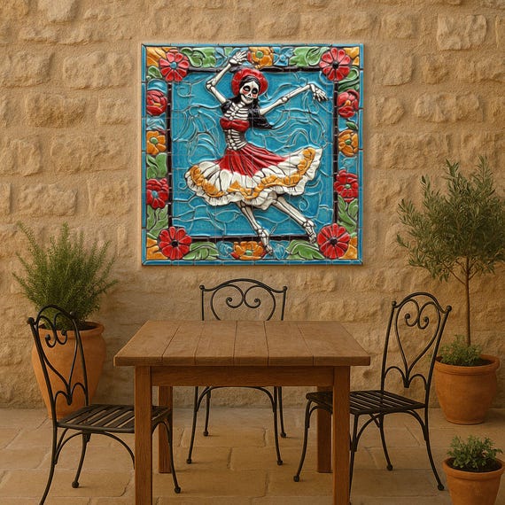 Mural de azulejos de calavera danzante — vista 2