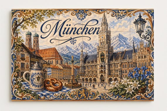 Mural de azulejos de cerámica de Múnich, Alemania, arte mural de la ciudad al… — vista 4