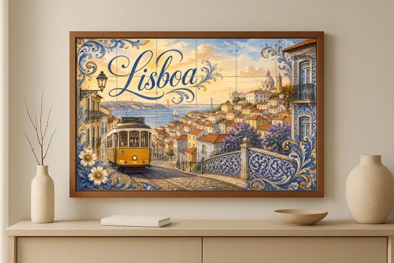 Mural de azulejos cerámicos de Lisboa Portugal, tranvía amarillo y decoración… — vista 2
