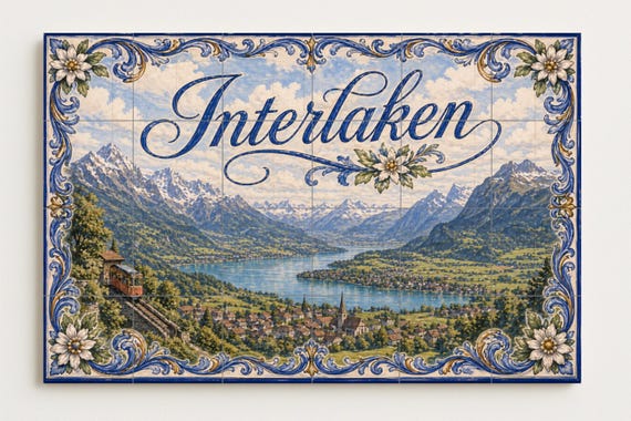 Mural de azulejos de cerámica de Interlaken, Suiza, arte mural del lago de lo… — vista 4