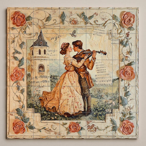 Mural de pared de cerámica de pareja romántica con serenata de violín y borde… — vista 3